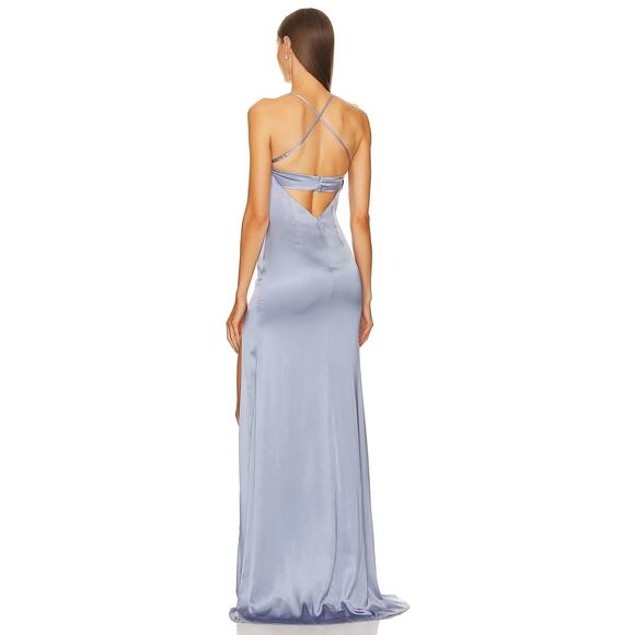 Michael Costello REVOLVE Ailana Gown Satin Adjustable Strap Side Slit Gray Small - Picture 4 of 14